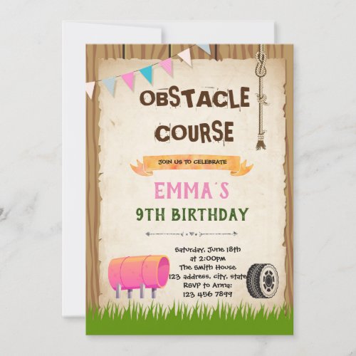 Obstacle course girl birthday party invitation
