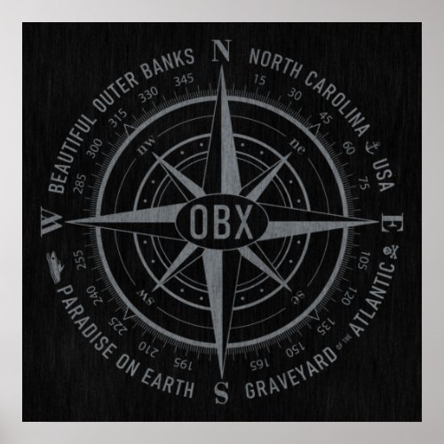 OBX Compass Outer Banks Vintage Silver Black Poster