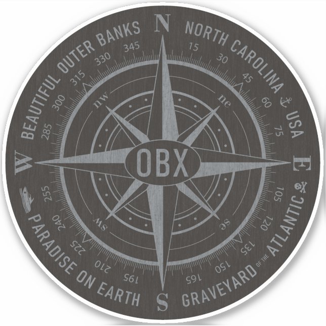 OBX Compass Outer Banks Vintage Silver Black Sticker (Front)