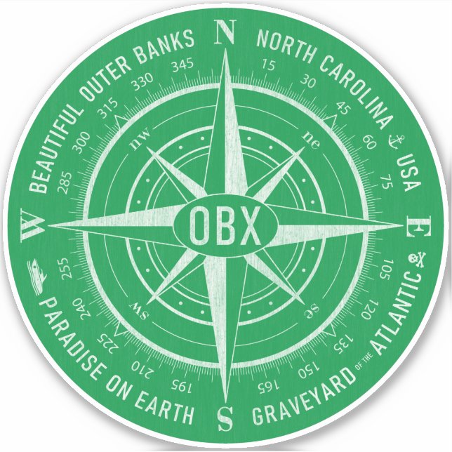 OBX Compass Outer Banks Vintage White Green Sticker (Front)
