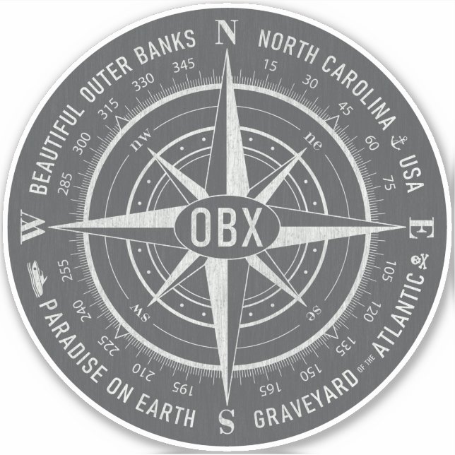 OBX Compass Outer Banks Vintage White Pewter Sticker (Front)
