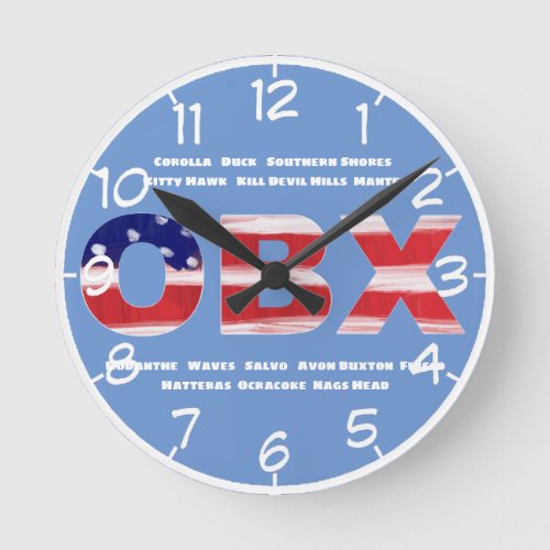OBX Flag Text And Towns Numbered Round Clock