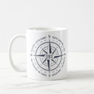 OBX Nautical Compass Outer Banks Navy Blue Vintage Coffee Mug