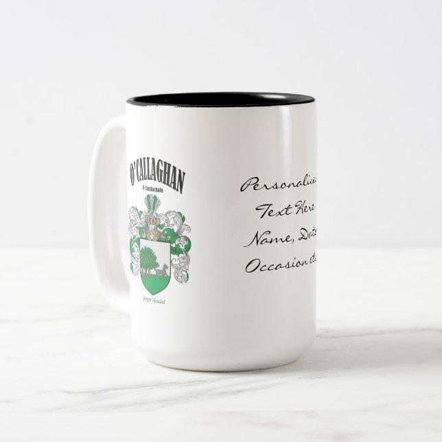 O'Callaghan Family Crest, Translation & Meaning Two-Tone Coffee Mug (Front Left)
