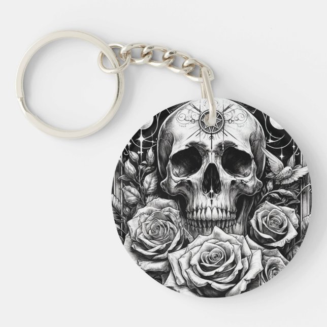 Occult Pentacle Skeleton Skull & Roses  Keychain (Front)