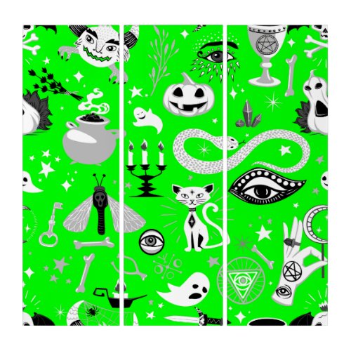 occult pentagram cat halloween green  triptych