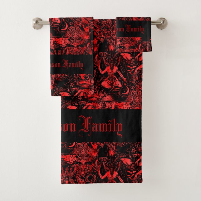 Occult Red Devil Baphomet Bats Skulls Gothic Bath Towel Set (Insitu)