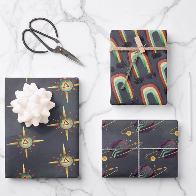 Occult Sun Planet And Rainbow Wrapping Paper Sheets (Front)