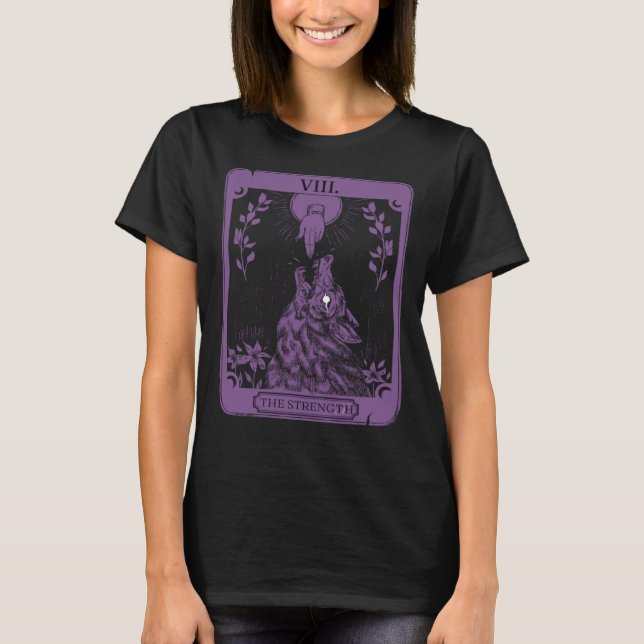 Occult Tarot Card Strength of Wolf Design Dark Wit T-Shirt (Front)