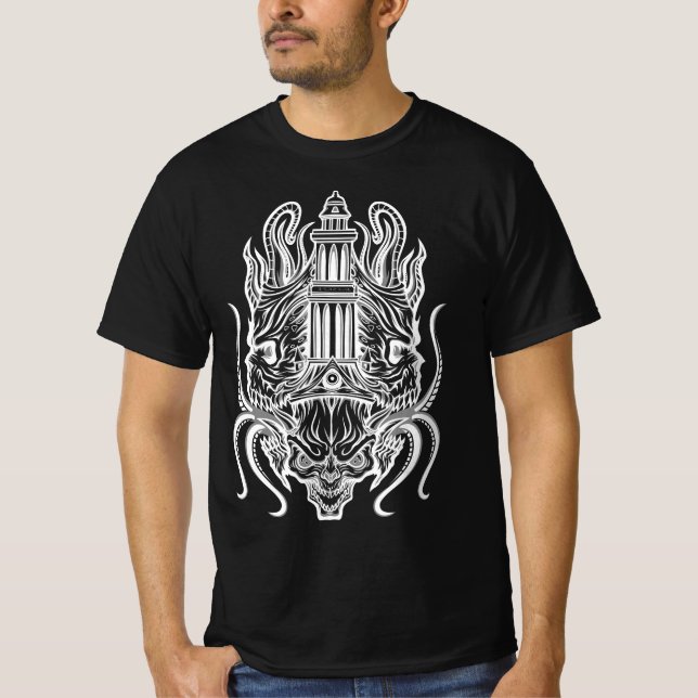Occult Tower Demon – Gothic Dark Symmetry Art T-Shirt (Front)