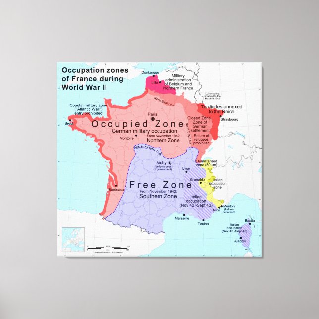 Occupation Zones of France During World War II Canvas Print (Front)