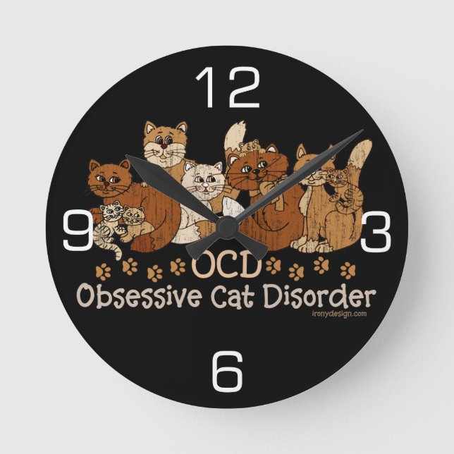 OCD Obsessive Cat Disorder Round Clock (Front)