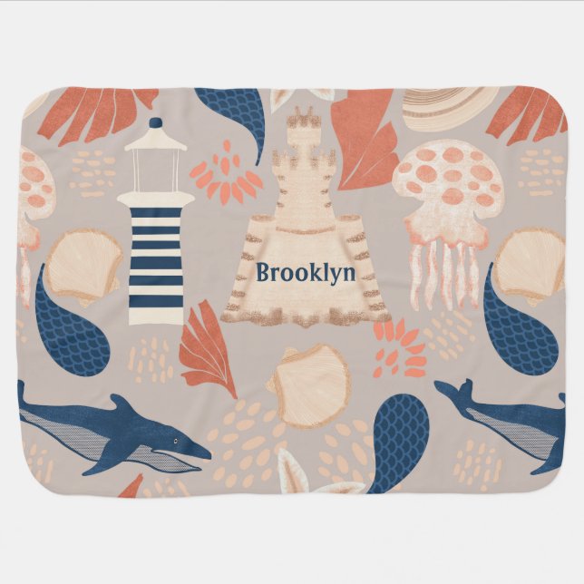 Ocean Adventure -Whales,Jellyfish & Lighthouse Fun Baby Blanket (Horizontal)