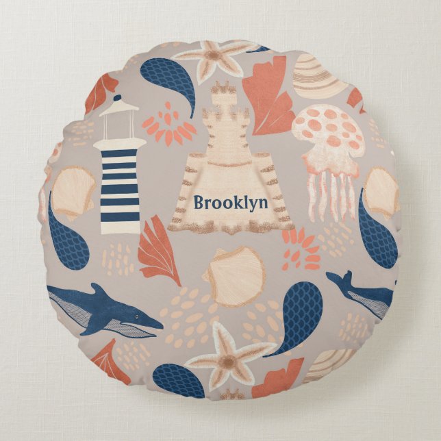 Ocean Adventure -Whales,Jellyfish & Lighthouse Fun Round Pillow (Front)