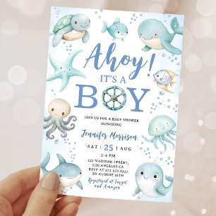 Ocean Ahoy It's A Boy Blue Sea Baby Shower Invitation