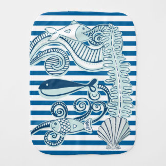 Ocean and Fish Blue and White Horizontal Stripe Burp Cloth