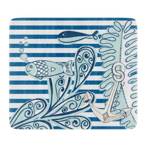 Ocean and Fish Blue and White Horizontal Stripe Cutting Board