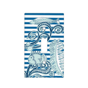 Ocean and Fish Blue and White Horizontal Stripe Light Switch Cover