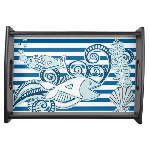 Ocean and Fish Blue and White Horizontal Stripe Serving Tray