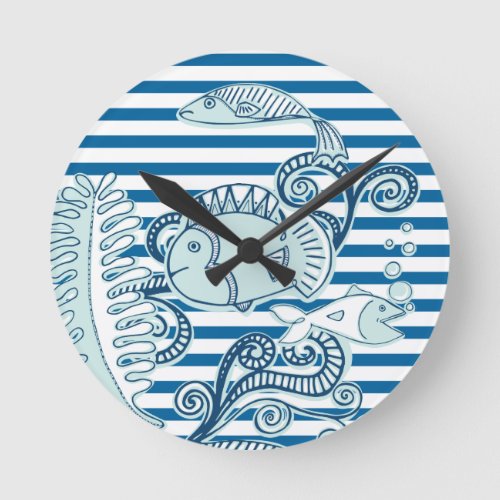 Ocean and Fish Blue and White Stripe Clock