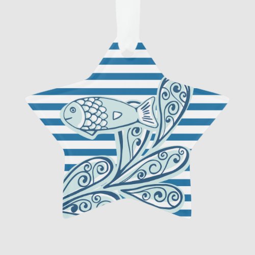 Ocean and Fish Blue and White Stripe Star Ornament