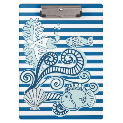 Ocean and Fish Blue White Stripe Clipboard