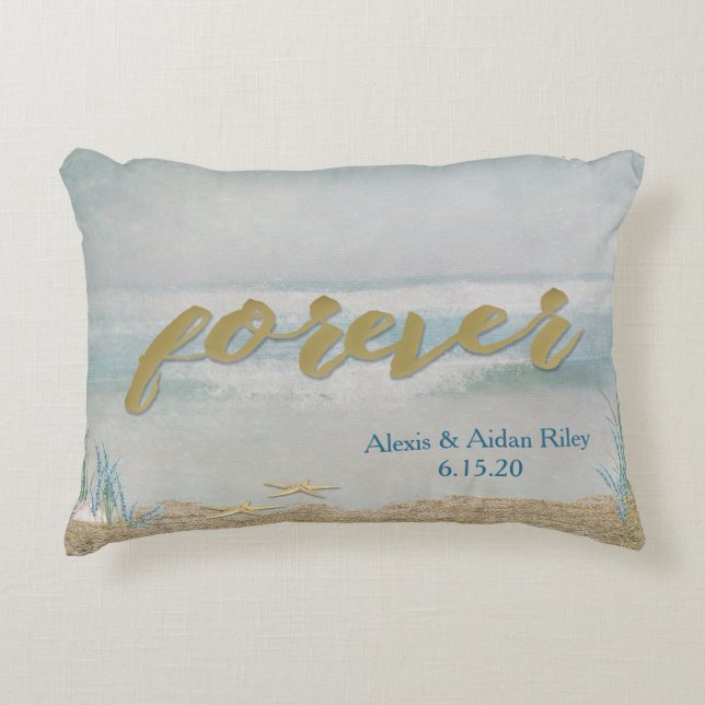 ocean and starfish on beach wedding accent pillow (Front)