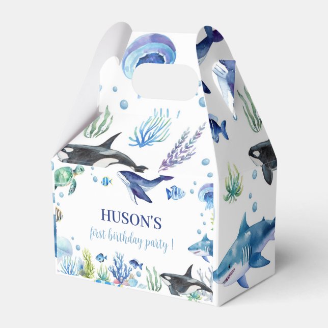 Ocean Animal Boy Birthday Favor Box Turtle Whale (Front Side)