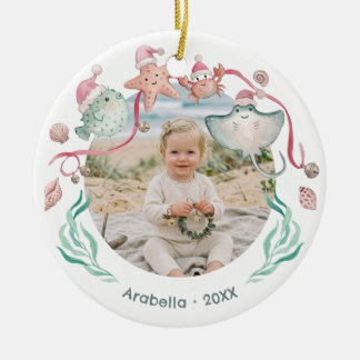 Ocean Animal Santa Coastal Christmas Photo Ceramic Ornament
