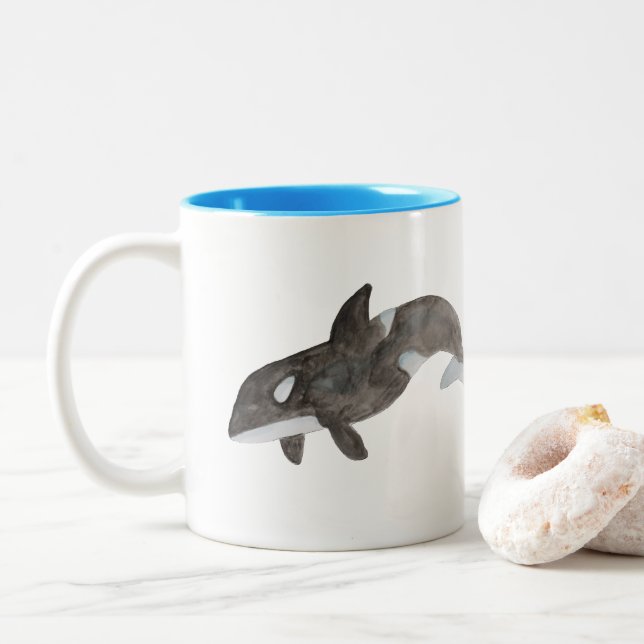 Ocean Animal Watercolor Killer Whale Orca Two-Tone Coffee Mug (With Donut)