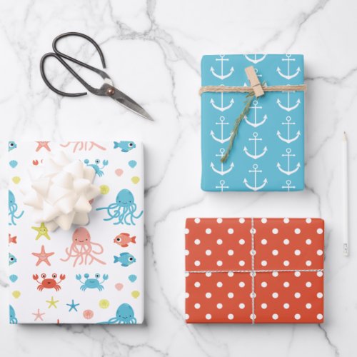 Ocean Animals Anchors Polka Dots Pattern Wrapping Paper Sheets