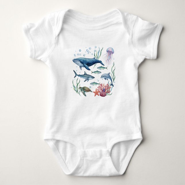Ocean Animals Baby, Summer Sea Life Baby  Bodysuit (Front)