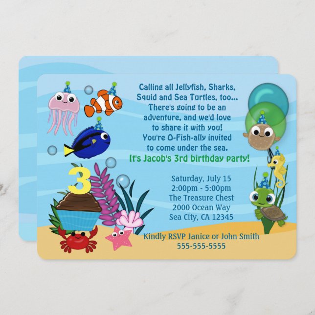 Ocean Animals Birthday Invitations Under the Sea (Front/Back)