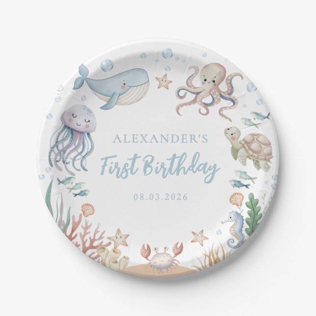 Ocean Animals Birthday Paper Plates (Front)