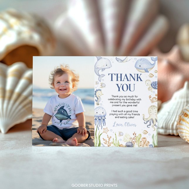 Ocean Animals Blue Under the Sea Birthday Photo Thank You Card (Creator Uploaded)
