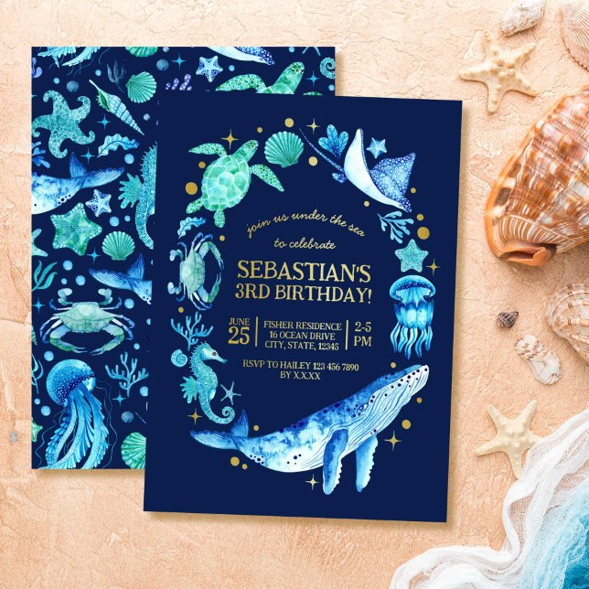 Ocean Animals Blue Watercolor 3rd Birthday Foil Invitation (Ocean Animals Blue Watercolor 3rd Birthday Foil Invitation)