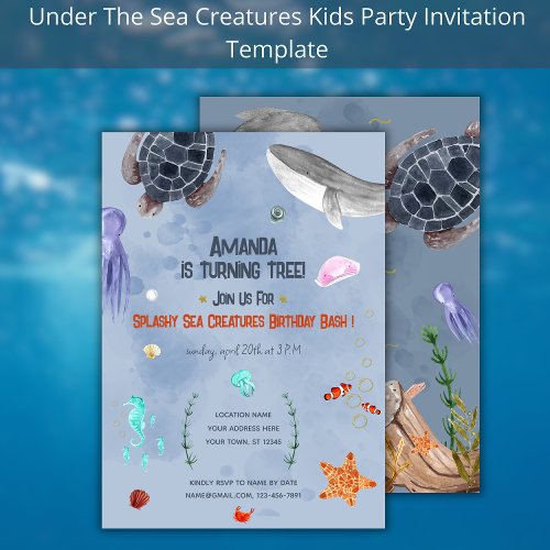 Ocean Animals Kids Birthday Party Blue Invitation 