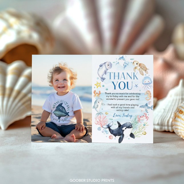 Ocean Animals Kids Under the Sea Birthday Photo Thank You Card (Creator Uploaded)
