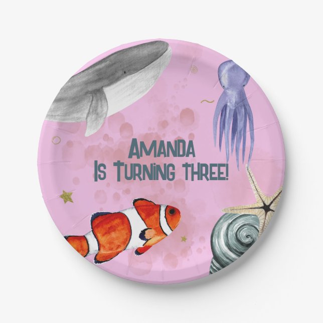 Ocean Animals Nautical Kids Birthday Party Pink  Paper Plates (Front)