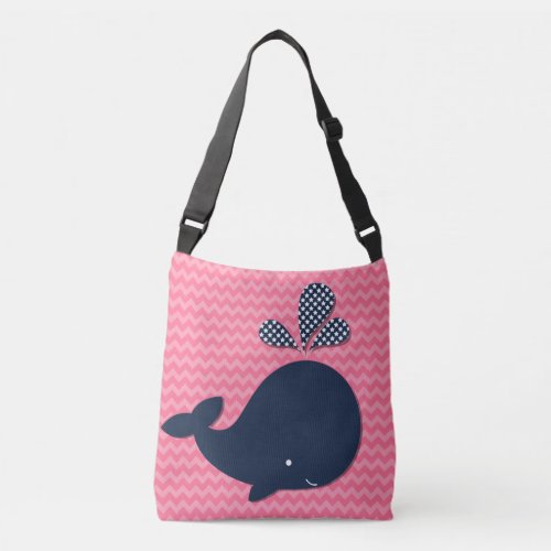 Ocean Animals Navy Whale on Pink Chevron Tote Bag