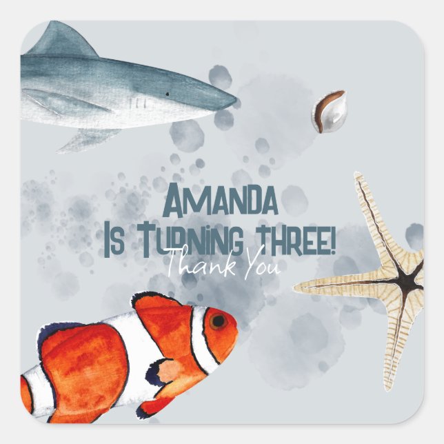 Ocean Animals Shark Kids Birthday Party Blue Square Sticker (Front)