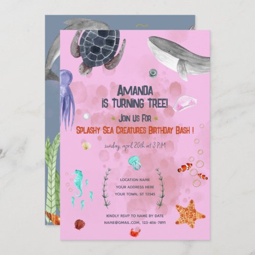 Ocean Animals Turtle Kids Party Pink Invitation 