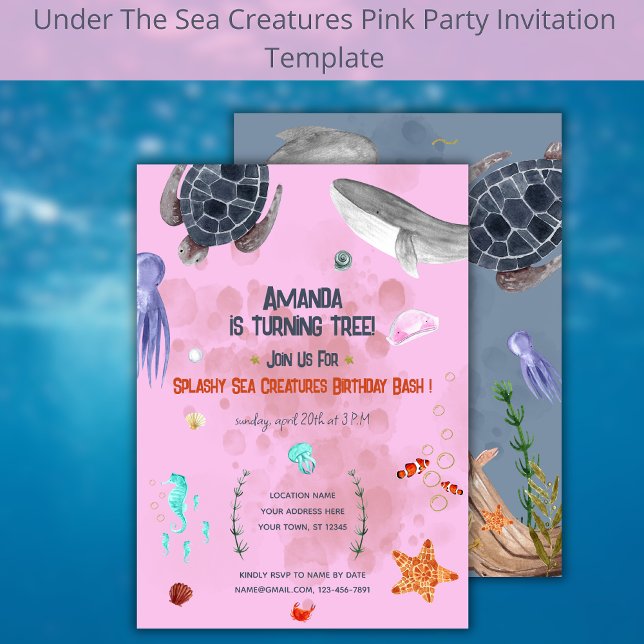 Ocean Animals Turtle Kids Party Pink Invitation  (Creator Uploaded)
