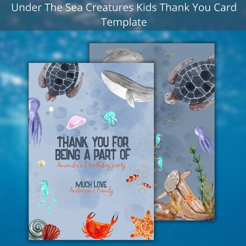 Ocean Animals Whale Birthday Party Thank You Card