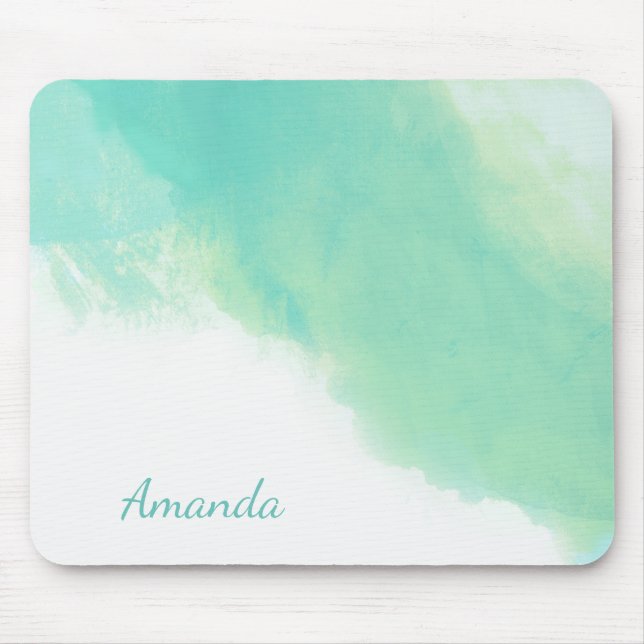 Ocean Aqua Blue Abstract with Monogram Mouse Pad (Front)