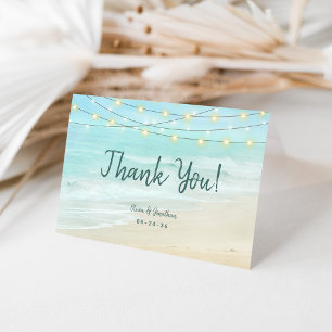 Ocean Aqua Blue Beach String Lights Wedding Letterpress Thank You Card