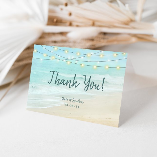 Ocean Aqua Blue Beach String Lights Wedding  Letterpress Thank You Card (Creator Uploaded)