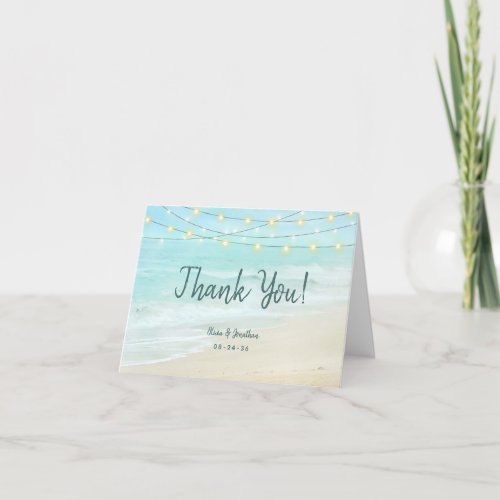 Ocean Aqua Blue Beach String Lights Wedding  Thank You Card