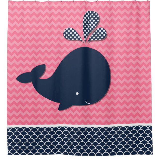 Ocean Aquatic Whale Chevron Stripes Pink and Navy Shower Curtain (Front)