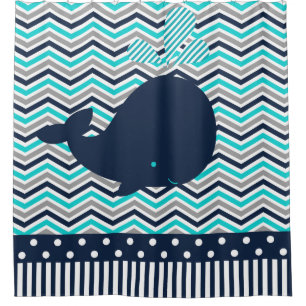 Ocean Aquatic Whale Chevron Stripes Turquoise Navy Shower Curtain